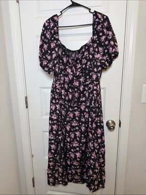 Plus Size Black & Pink Floral Midi Dress - Women's Puff Sleeve size 22 tag 5x